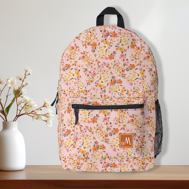 Pretty Ditsy Floral Pattern Yellow Orange Custom Printed Backpack (Pretty ditsy tiny floral pattern yellow orange monogram backpack, back to school, school essentials
)