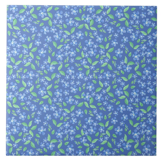 Pretty Ditsy Periwinkle Blue Green Floral Pattern Tile (Front)