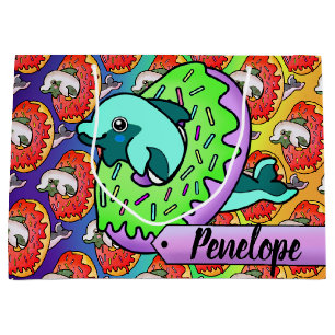 Pretty Dolphin in Green Doughnut with Rainbow Hues Large Gift Bag