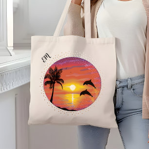 Pretty Dolphins Playing in the Sunset Initials  Tote Bag