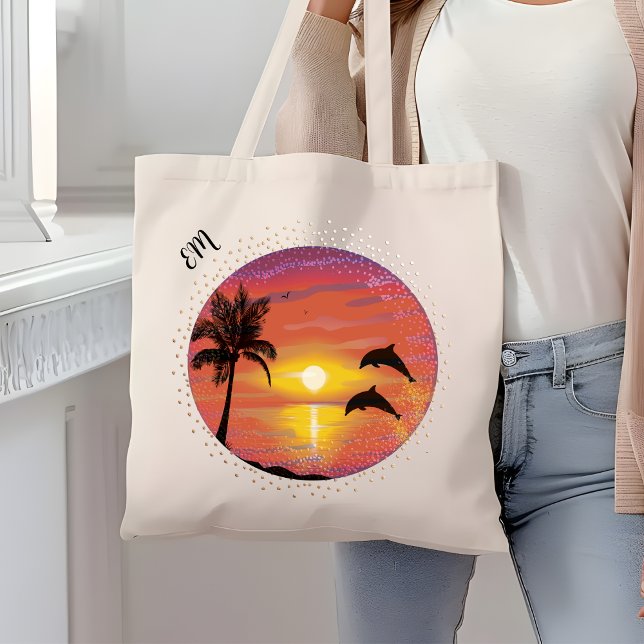 Pretty Dolphins Playing in the Sunset Initials  Tote Bag (Creator Uploaded)