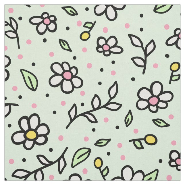 Pretty Doodle Daisy Flowers Cute Girly Pattern Fabric (Swatch)