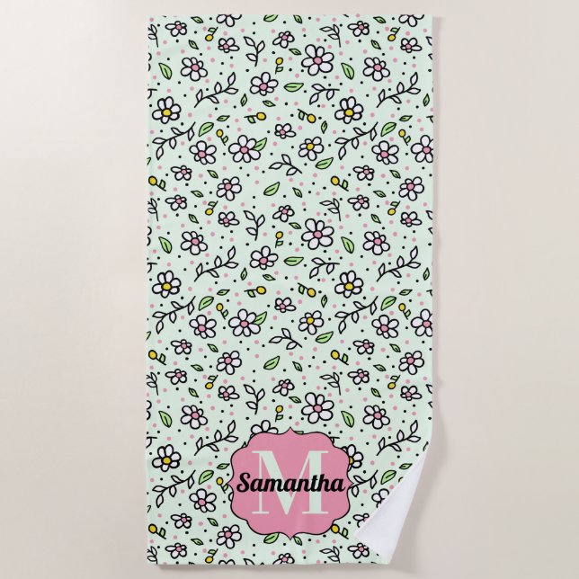 Pretty Doodle Daisy Flowers Cute Pattern Monogram Beach Towel (Front)