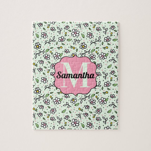 Pretty Doodle Daisy Flowers Cute Pattern Monogram Jigsaw Puzzle (Vertical)