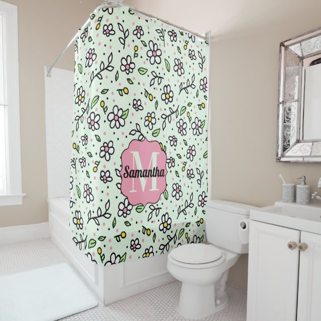 Pretty Doodle Daisy Flowers Cute Pattern Monogram Shower Curtain (In Situ)
