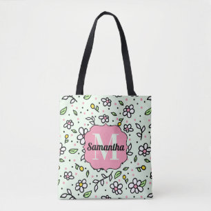 Pretty Doodle Daisy Flowers Cute Pattern Monogram Tote Bag