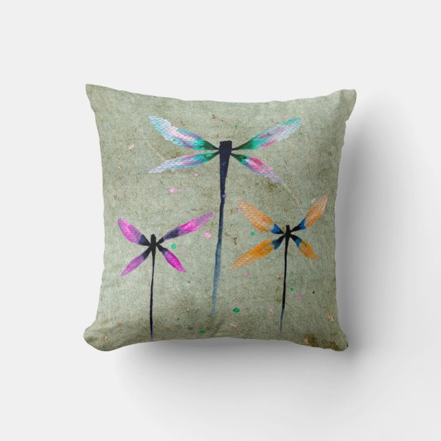 Pretty dragonflies watercolor rustic cushion (Front)