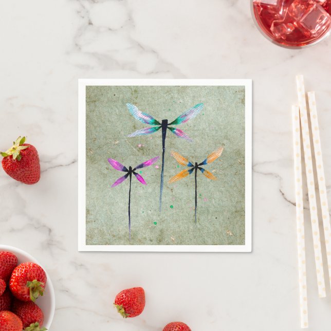 Pretty dragonflies watercolor rustic napkin (Insitu)
