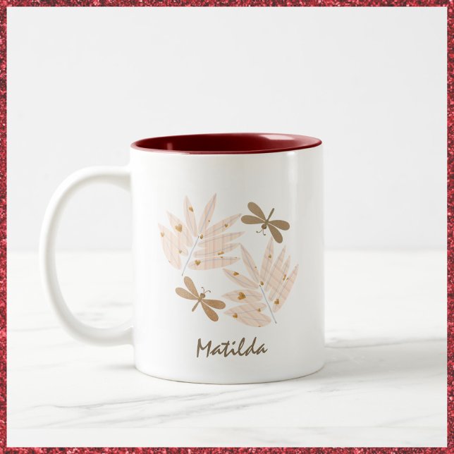 Pretty Dragonfly and Leaves Feminine Two-Tone Coffee Mug (Creator Uploaded)