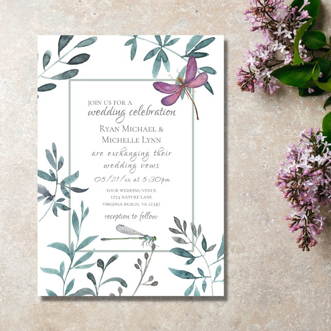 Pretty Dragonfly Garden Greenery on White Wedding Invitation (Creator Uploaded)