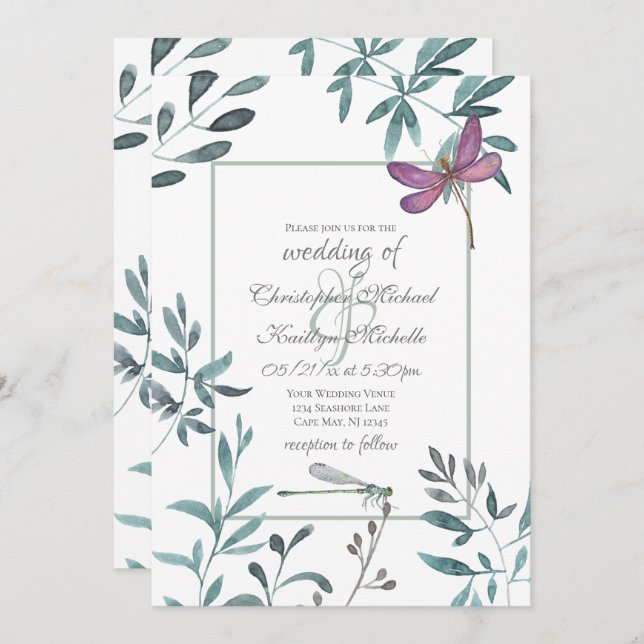 Pretty Dragonfly Garden Greenery on White Wedding Invitation (Front/Back)