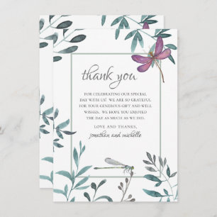 Pretty Dragonfly Garden Greenery on White Wedding Thank You Card