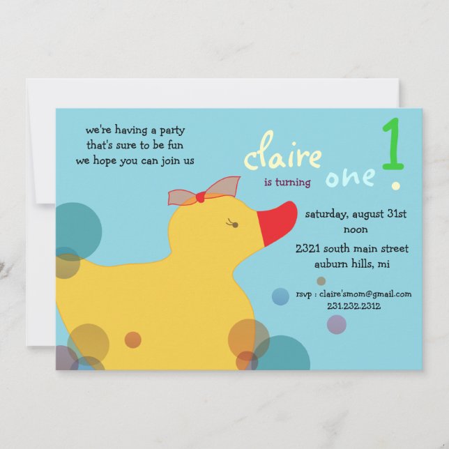 Pretty Ducky - blue birthday invitations (Front)