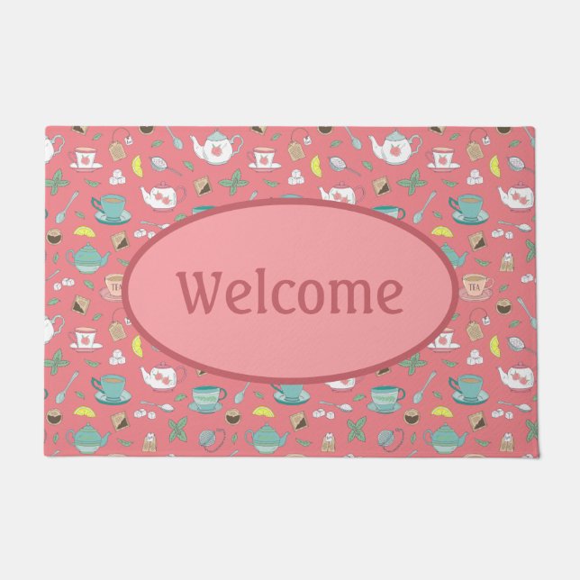 Pretty Dusky Pink TeaCups Tea Shop Welcome Doormat (Front)