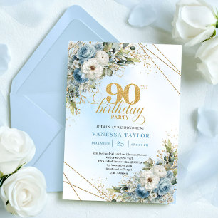 Pretty Dusty Blue Gold Border 90th Birthday Invite