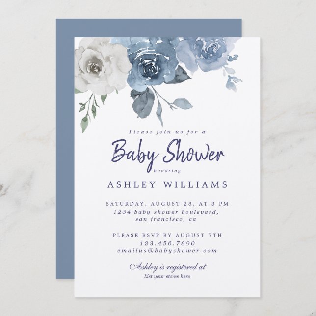 Pretty Dusty Blue Ivory Rose Baby Shower Invitation (Front/Back)