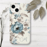 Pretty Dusty Blue/Light Brown Floral w/Initial Case-Mate iPhone 14 Case<br><div class="desc">Lovely spray of dusty blue and off-white boho style flowers with light brown foliage on eggshell background with text field for your initials/monogram/name.</div>