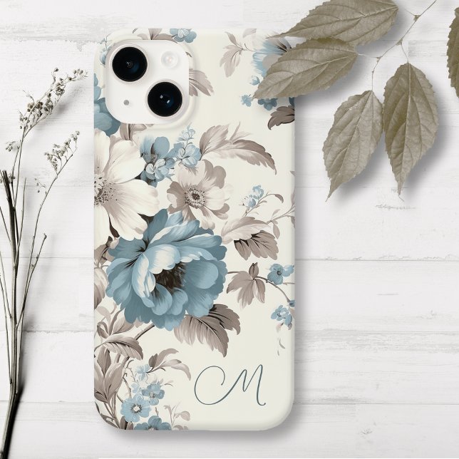 Pretty Dusty Blue/Light Brown Floral w/Initial Case-Mate iPhone Case (Creator Uploaded)