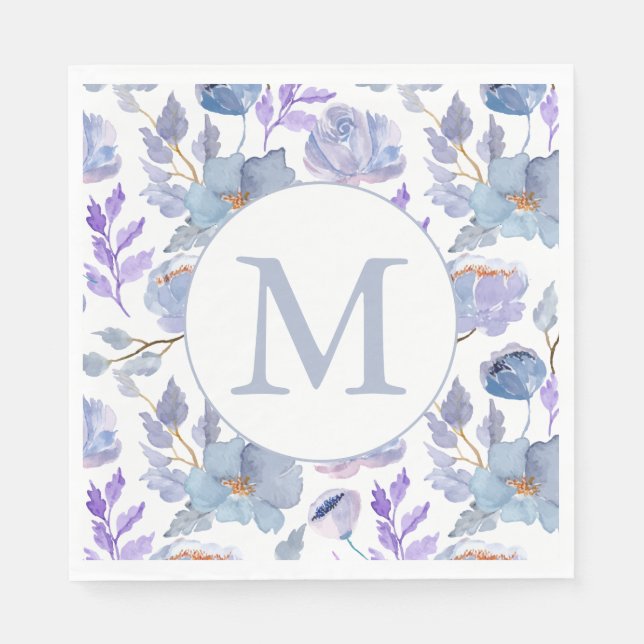 Pretty Dusty Blue Lilac Watercolor Floral Monogram Napkin (Front)