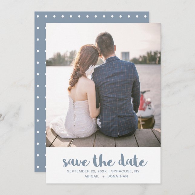 Pretty Dusty Blue Polka Dots Photo Wedding Save The Date (Front/Back)
