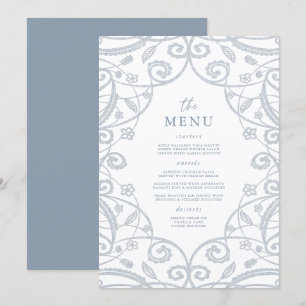 Pretty Dusty Blue Silver Glitter Lace Wedding Menu