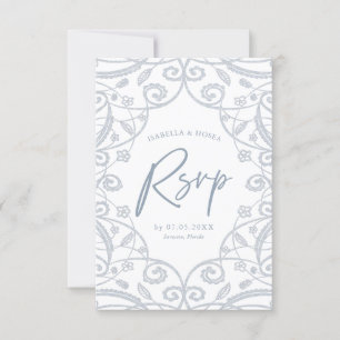 Pretty Dusty Blue Silver Glitter Lace Wedding RSVP Card