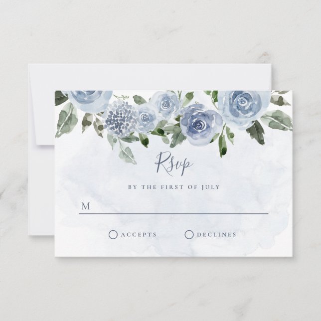 Pretty Dusty Blue Watercolor Flowers RSVP Card (Front)