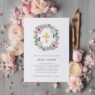 Pretty Dusty Peach Floral Wreath and Cross Baptism Invitation