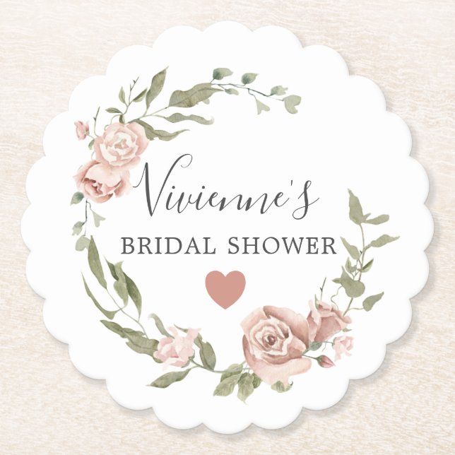 Pretty Dusty Pink Floral Bridal Shower Paper Coaster (Front)
