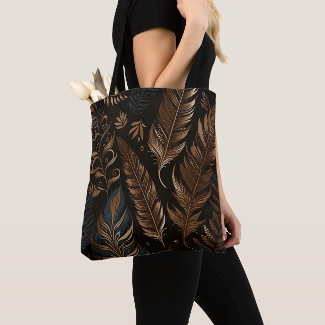 PRETTY EARTH TONED BOHO FEATHERS TOTE BAG (Close Up)