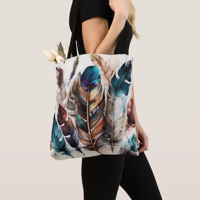 PRETTY EARTH TONED BOHO FEATHERS TOTE BAG (Close Up)