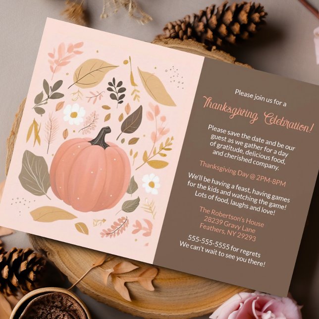 Pretty Earthy Pumpkin Foliage Thanksgiving Party  Invitation (Boho chic thanksgiving invitation)