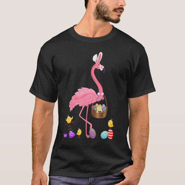 Pretty Easter Flamingo With Easter Basket 1 T-Shirt (Front)