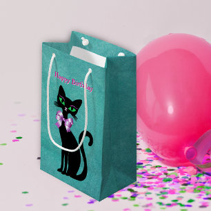 Pretty Elegant Black Birthday Cat Green Eyes Bow Small Gift Bag