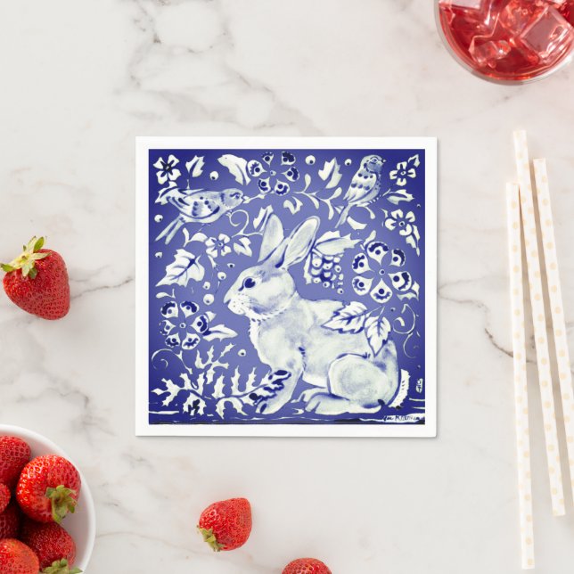 Pretty Elegant Blue Birds Rabbit in Flower Garden Napkin (Insitu)