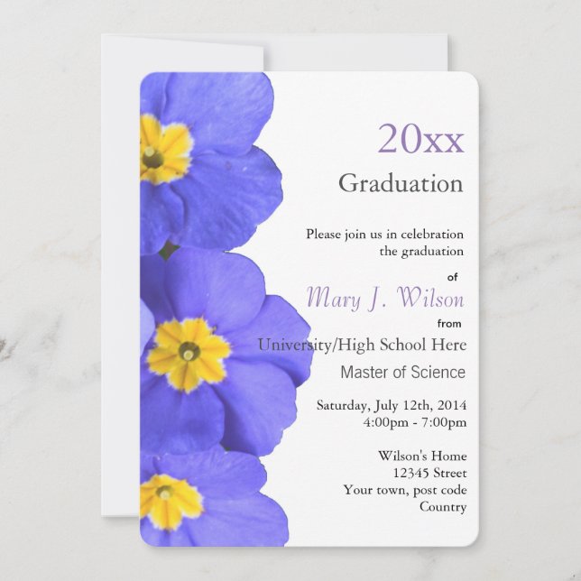 Pretty, elegant blue garden flowers graduation invitation (Front)
