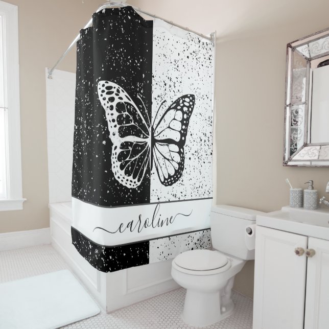 Pretty Elegant Butterfly Black & White Custom Name Shower Curtain (In Situ)