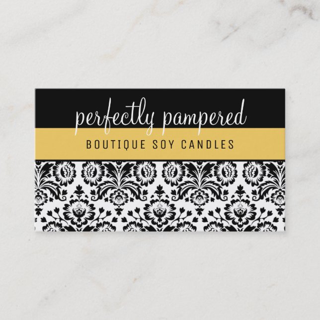 PRETTY ELEGANT DAMASK pattern black yellow Business Card (Front)