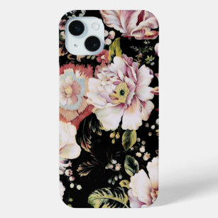 pretty elegant girly chic pink black floral iPhone 15 mini case