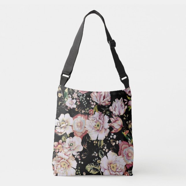 pretty elegant girly chic pink black floral crossbody bag (Front)