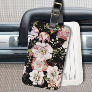 pretty elegant girly chic pink black floral luggage tag