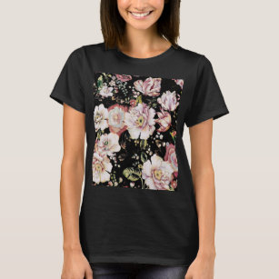 pretty elegant girly chic pink black floral T-Shirt
