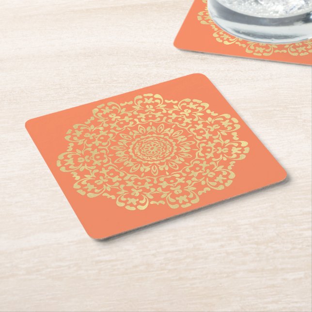 Pretty Elegant Gold Coral Lacy Patterned Square Paper Coaster (Angled)
