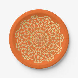 Pretty Elegant Gold Orange Lacy Patterned Paper Plate