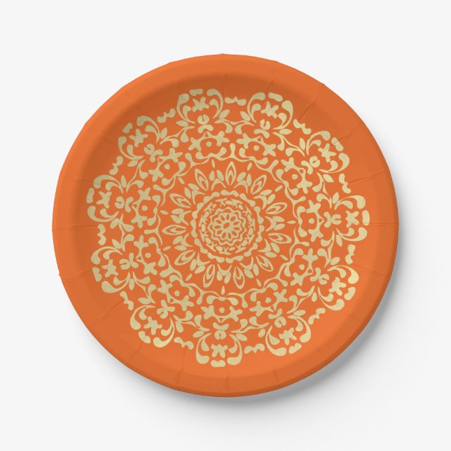 Pretty Elegant Gold Orange Lacy Patterned Paper Plate (Front)