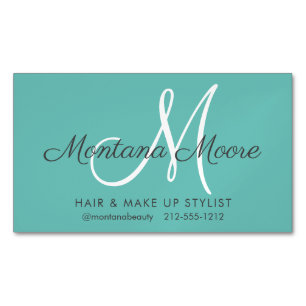 Pretty Elegant Monogram Teal Make Up Hair Salon Magnetic Business Card