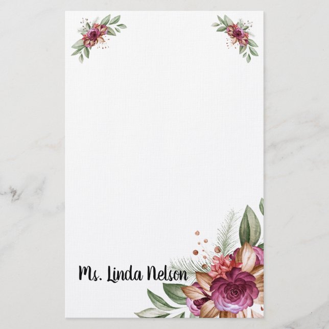 Pretty Elegant Watercolor Floral Personalised Stationery (Front)