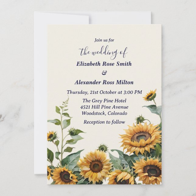 Pretty elegant yellow sunflowers wedding  invitation (Front)