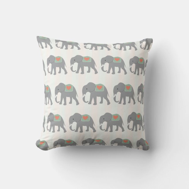 Pretty Elephants Coral Peach Mint Green Striped Cushion (Front)