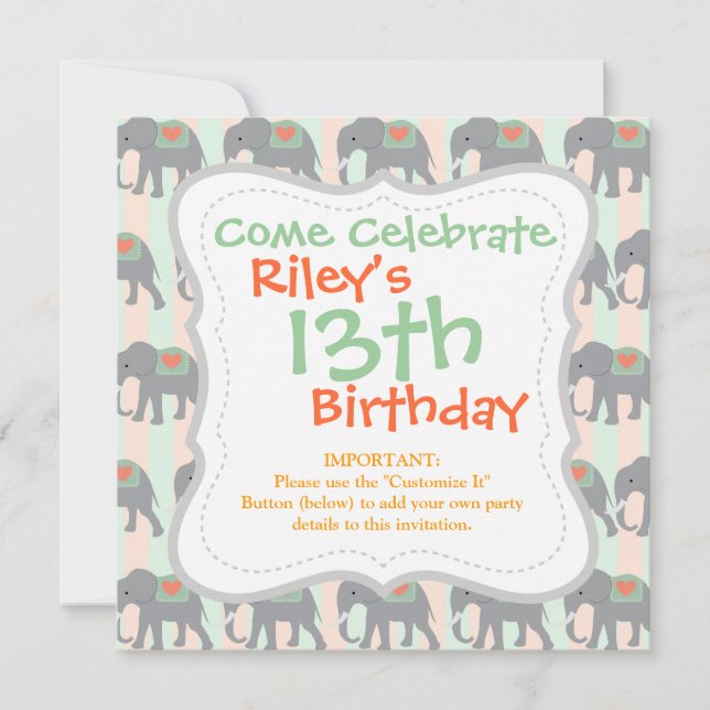 Pretty Elephants Coral Peach Mint Green Striped Invitation (Front)